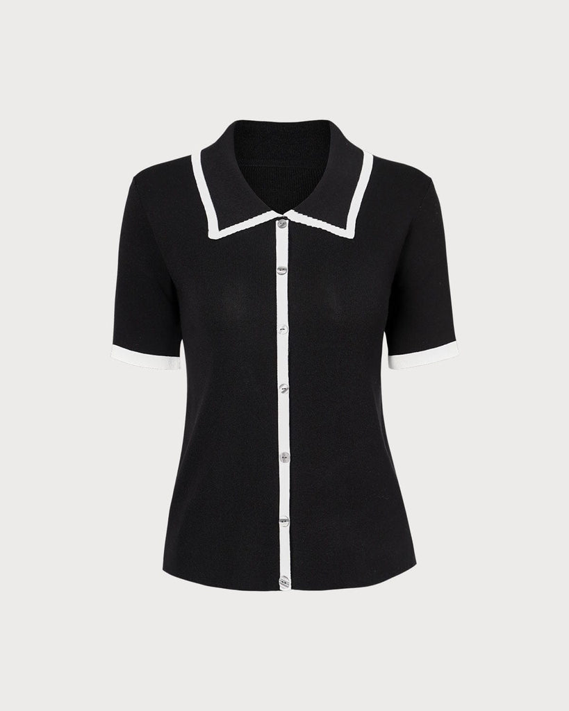 The Black Collared Contrast Knit Tee Black Tops - RIHOAS