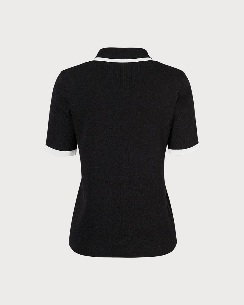 The Black Collared Contrast Knit Tee Tops - RIHOAS