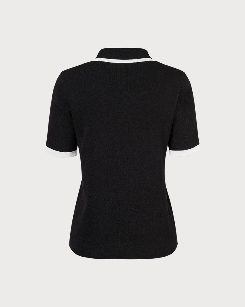 The Black Collared Contrast Knit Tee Tops - RIHOAS