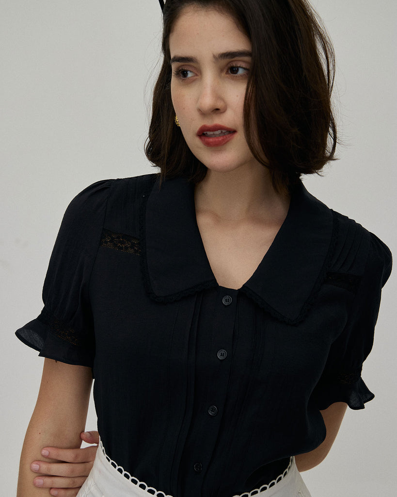 The Black Collared Lace Trim Blouse Tops - RIHOAS