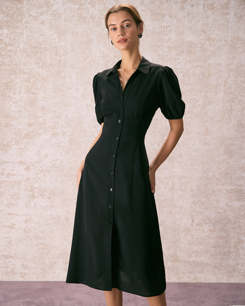The Black Collared Puff Sleeve Midi Dress Black Dresses - RIHOAS