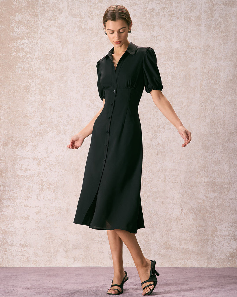 The Black Collared Puff Sleeve Midi Dress Dresses - RIHOAS
