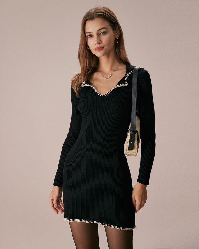 The Black Contrast Stitch Sweater Dress Black Dresses - RIHOAS
