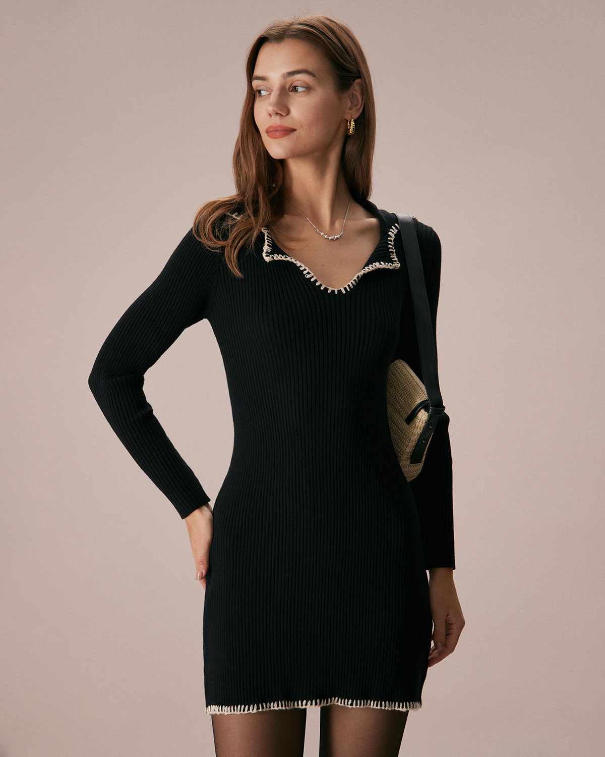 Rihoas Contrast Stitch Sweater Mini Dress for Women, Black / S Rihoas Contrast Stitch Sweater Mini Dress for Women, Black / S