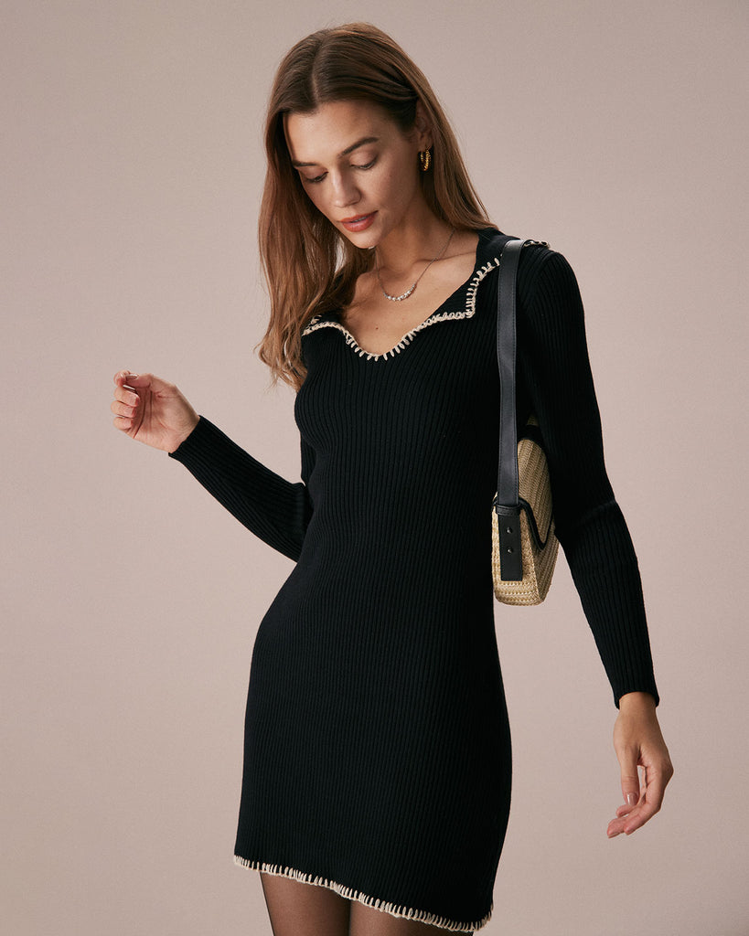 The Black Contrast Stitch Sweater Dress Dresses - RIHOAS