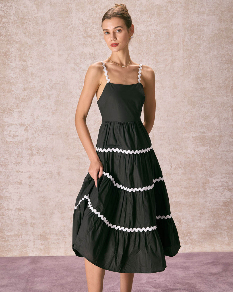 The Black Contrast Wave Midi Dress Black Dresses - RIHOAS