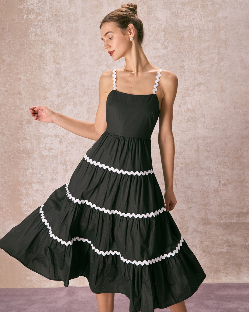The Black Contrast Wave Midi Dress Dresses - RIHOAS