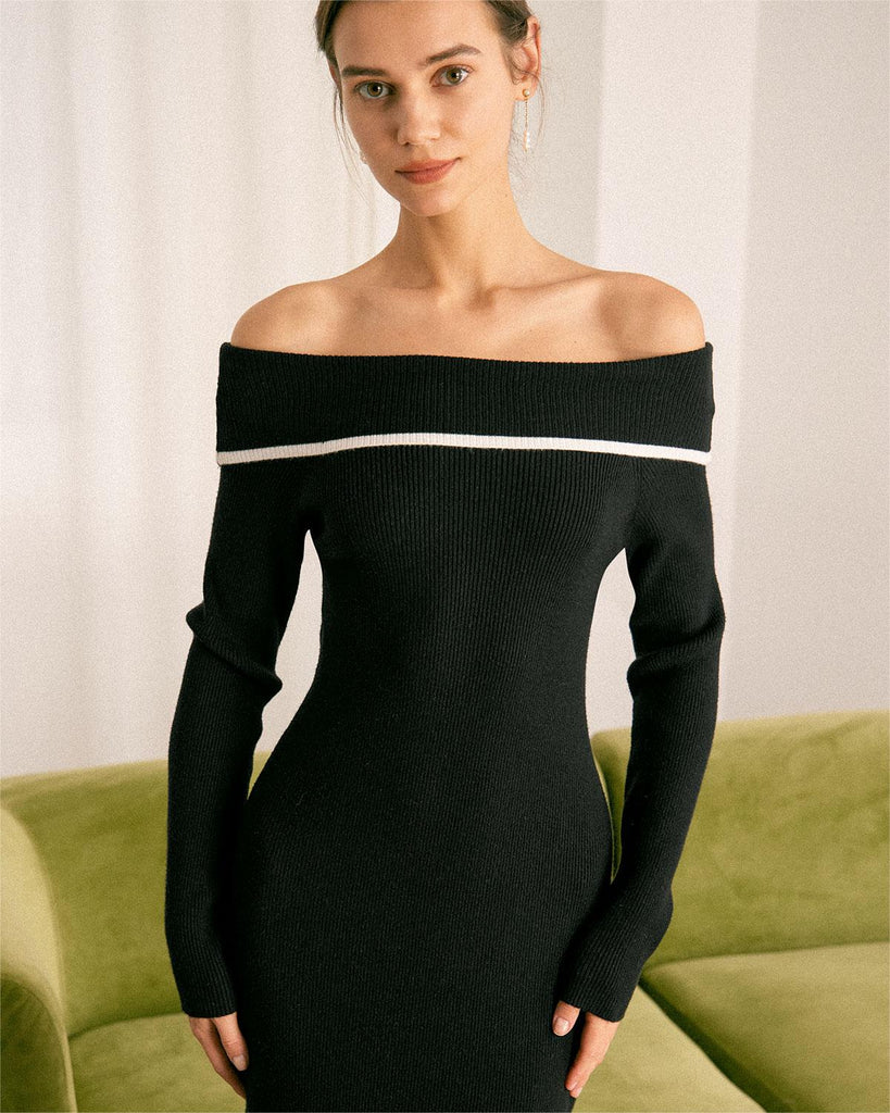 The Black Contrasting Sweater Midi Dress Dresses - RIHOAS