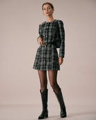 The Black Crew Neck Plaid Mini Dress Black Dresses - RIHOAS