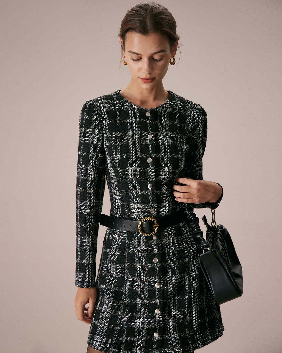 Rihoas Crew Neck Plaid A-Line Mini Dress For Women, Black / L Rihoas Crew Neck Plaid A-Line Mini Dress For Women, Black / L