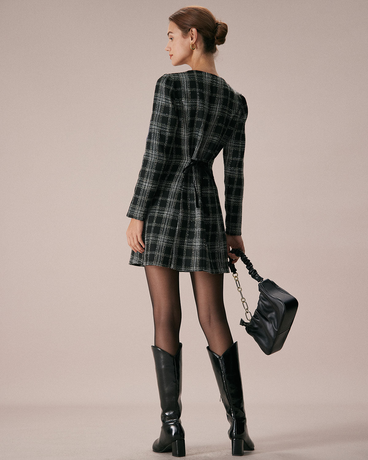 Rihoas Crew Neck Plaid A-Line Mini Dress for Women, Black / L Rihoas Crew Neck Plaid A-Line Mini Dress for Women, Black / L