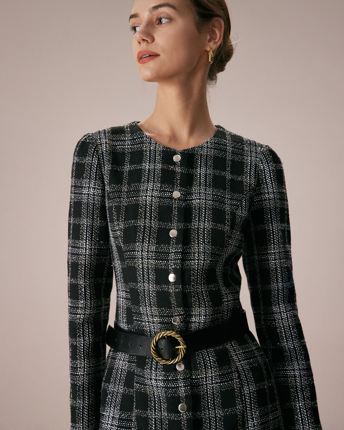 Rihoas Crew Neck Plaid A-Line Mini Dress for Women, Black / L Rihoas Crew Neck Plaid A-Line Mini Dress for Women, Black / L