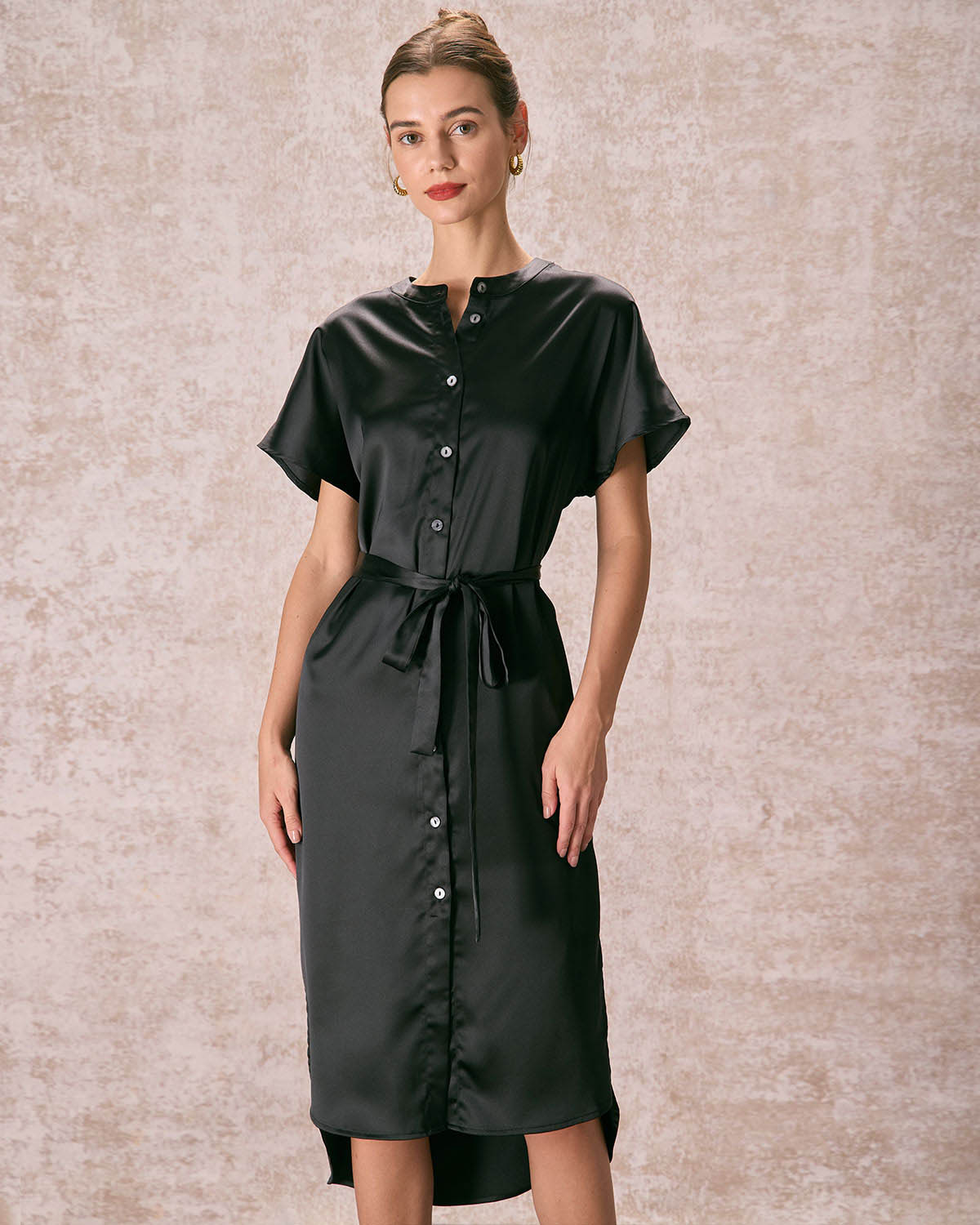 The Black Crew Neck Satin Midi Dress Dresses - RIHOAS