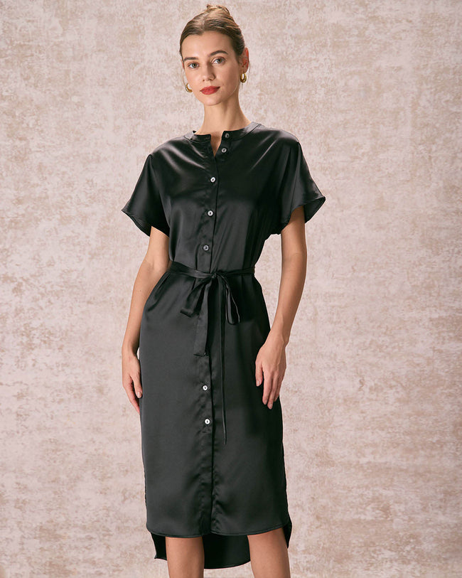 The Black Crew Neck Satin Midi Dress Dresses - RIHOAS