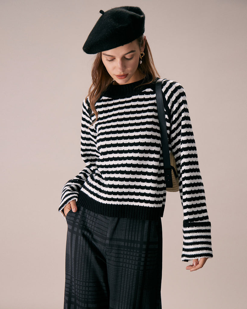 The Black Crew Neck Striped Sweater Tops - RIHOAS