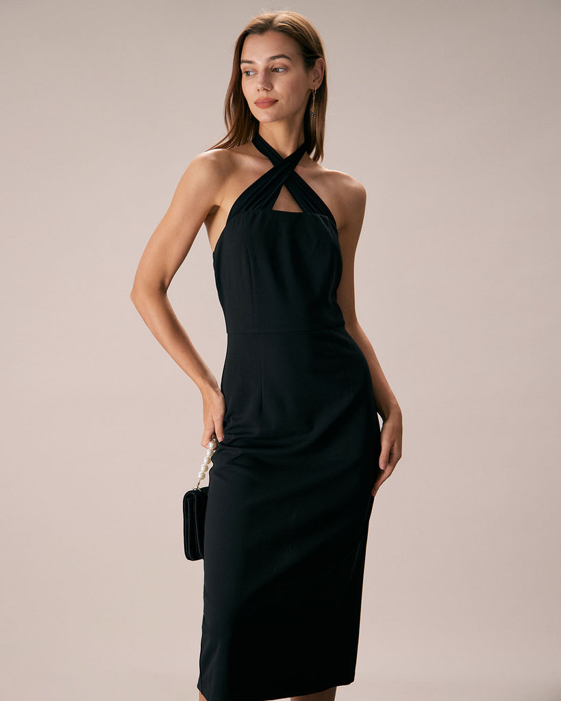 The Black Criss Cross Front Halter Midi Dress Black Dresses - RIHOAS