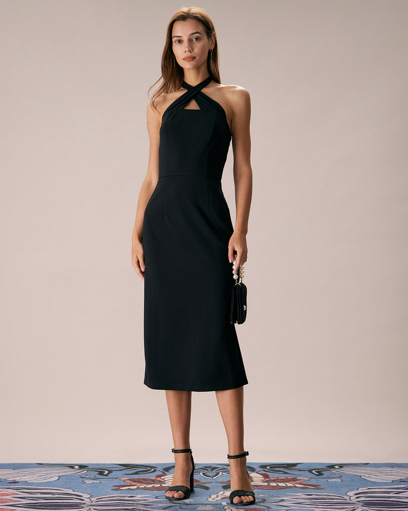 The Black Criss Cross Front Halter Midi Dress Dresses - RIHOAS