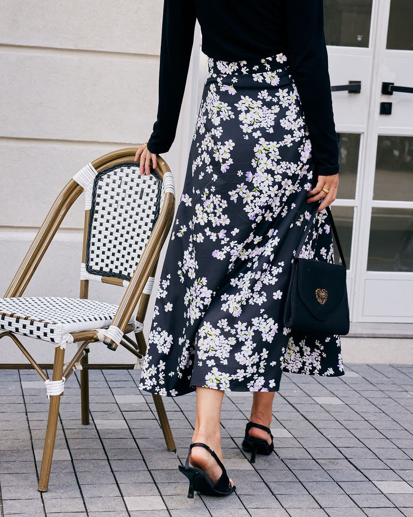 The Black Floral Split Hem Midi Skirt Bottoms - RIHOAS