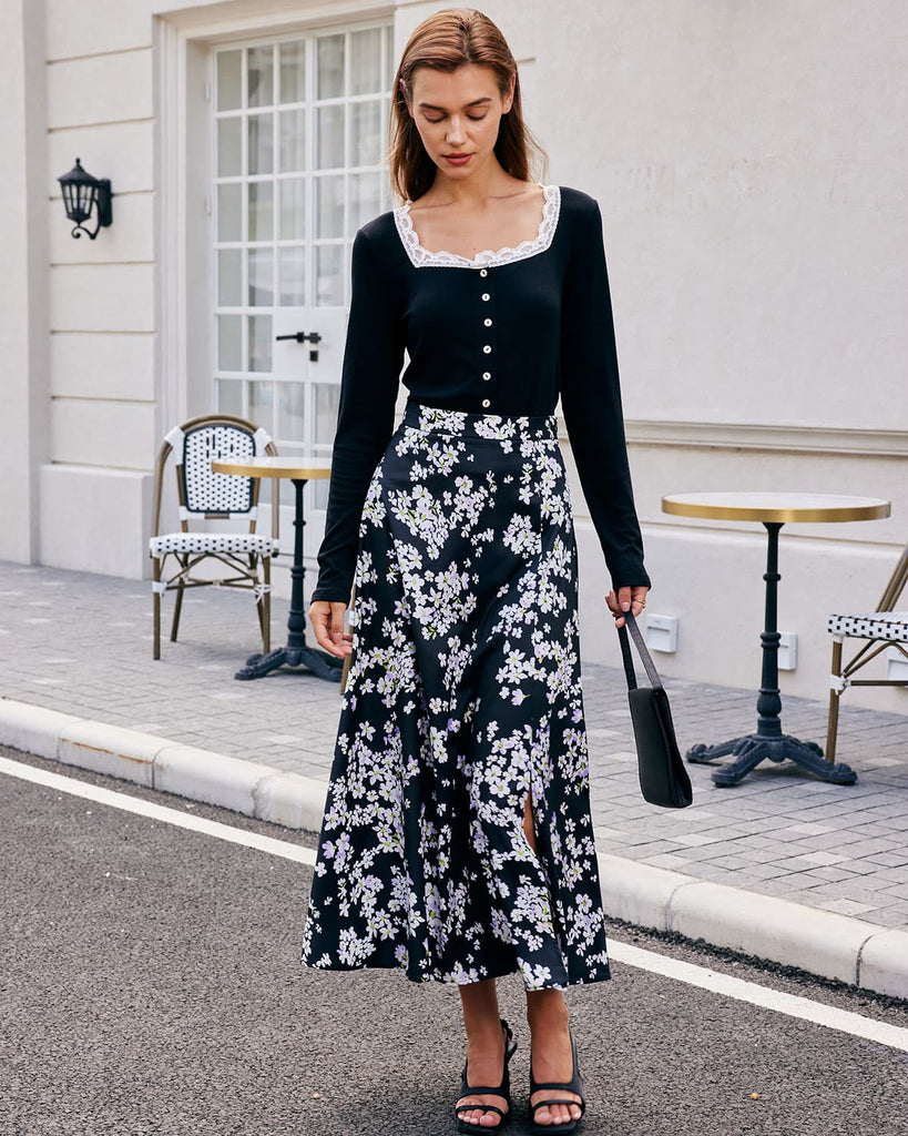 The Black Floral Split Hem Midi Skirt Bottoms - RIHOAS