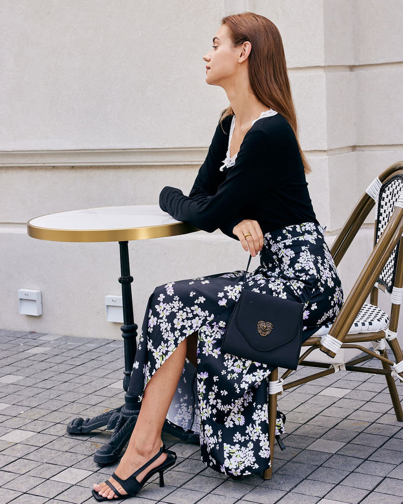 The Black Floral Split Hem Midi Skirt Bottoms - RIHOAS