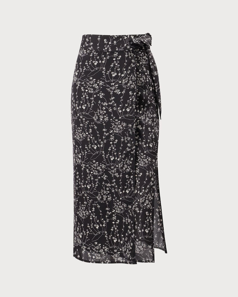 The Black Floral Tie Midi Skirt Black Bottoms - RIHOAS
