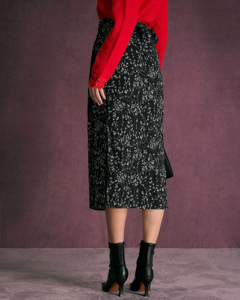 The Black Floral Tie Midi Skirt Bottoms - RIHOAS