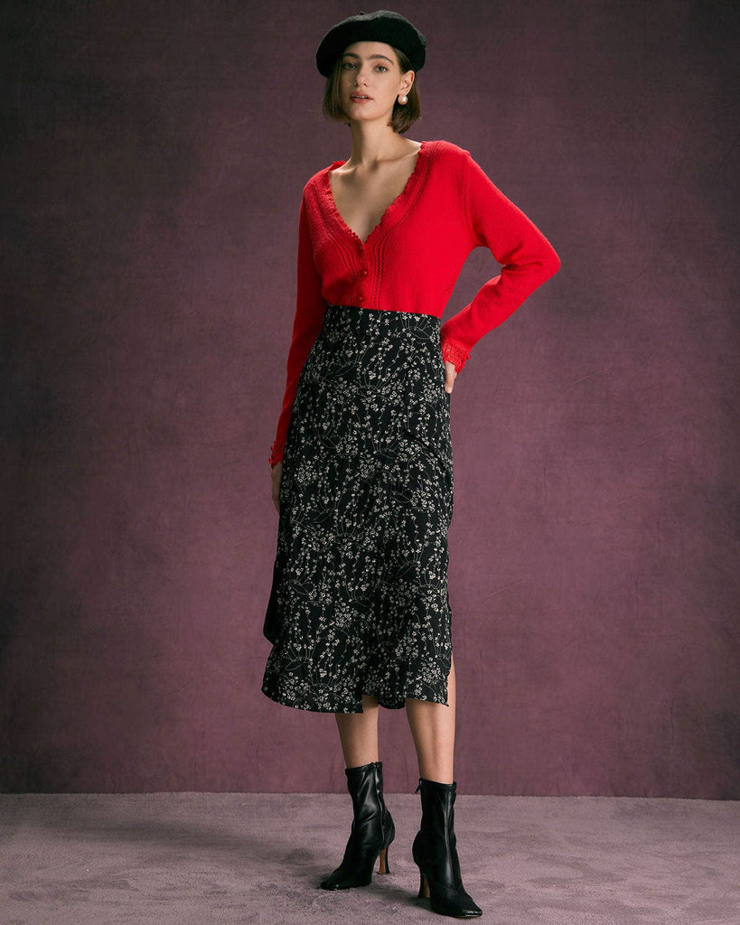 The Black Floral Tie Midi Skirt Bottoms - RIHOAS
