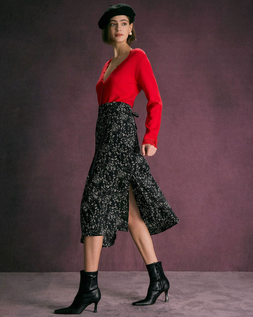 The Black Floral Tie Midi Skirt Bottoms - RIHOAS