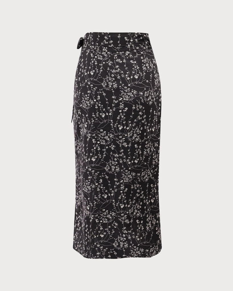 The Black Floral Tie Midi Skirt Bottoms - RIHOAS