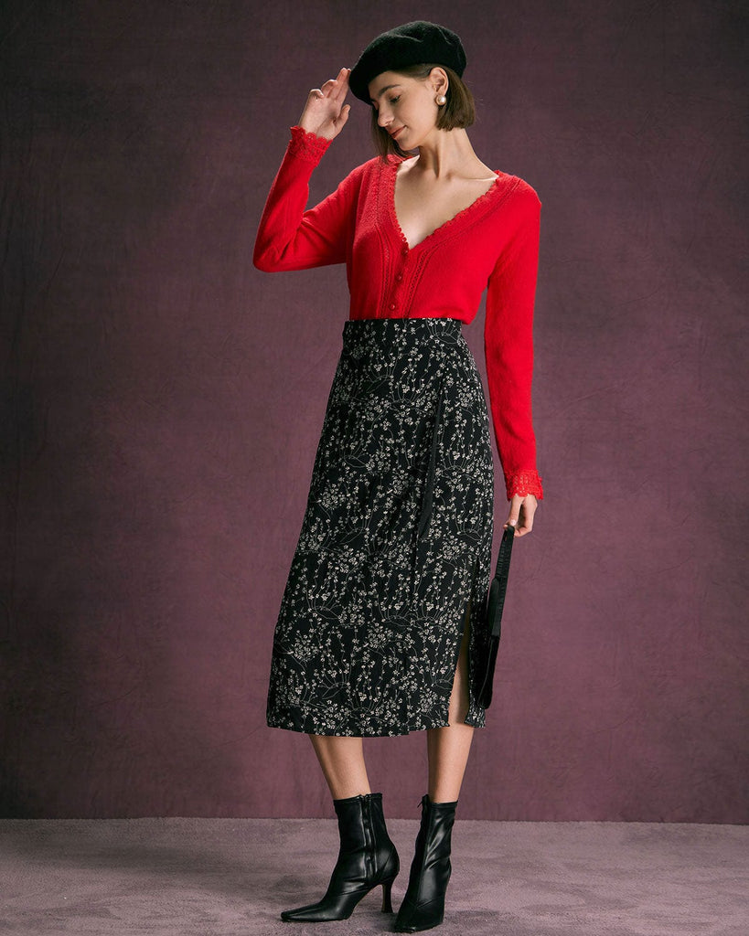 The Black Floral Tie Midi Skirt Bottoms - RIHOAS