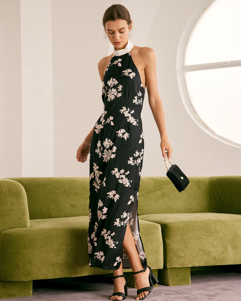 The Black Halter Floral Backless Maxi Dress Dresses - RIHOAS