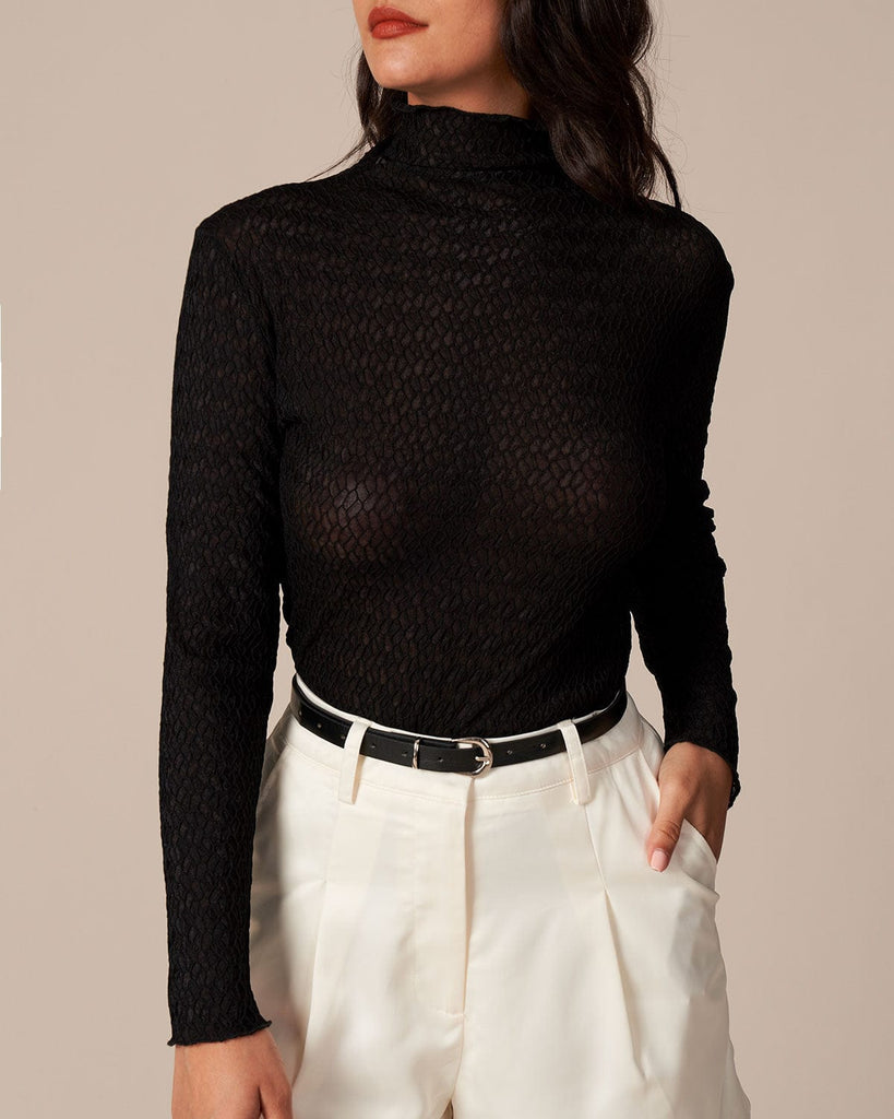 The Black High Neck Textured Knit Top Tops - RIHOAS