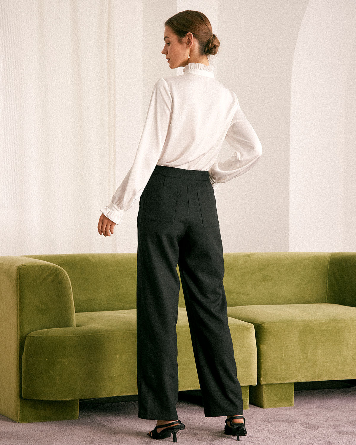 The Black High Waisted Button Straight Pants & Reviews - Black ...