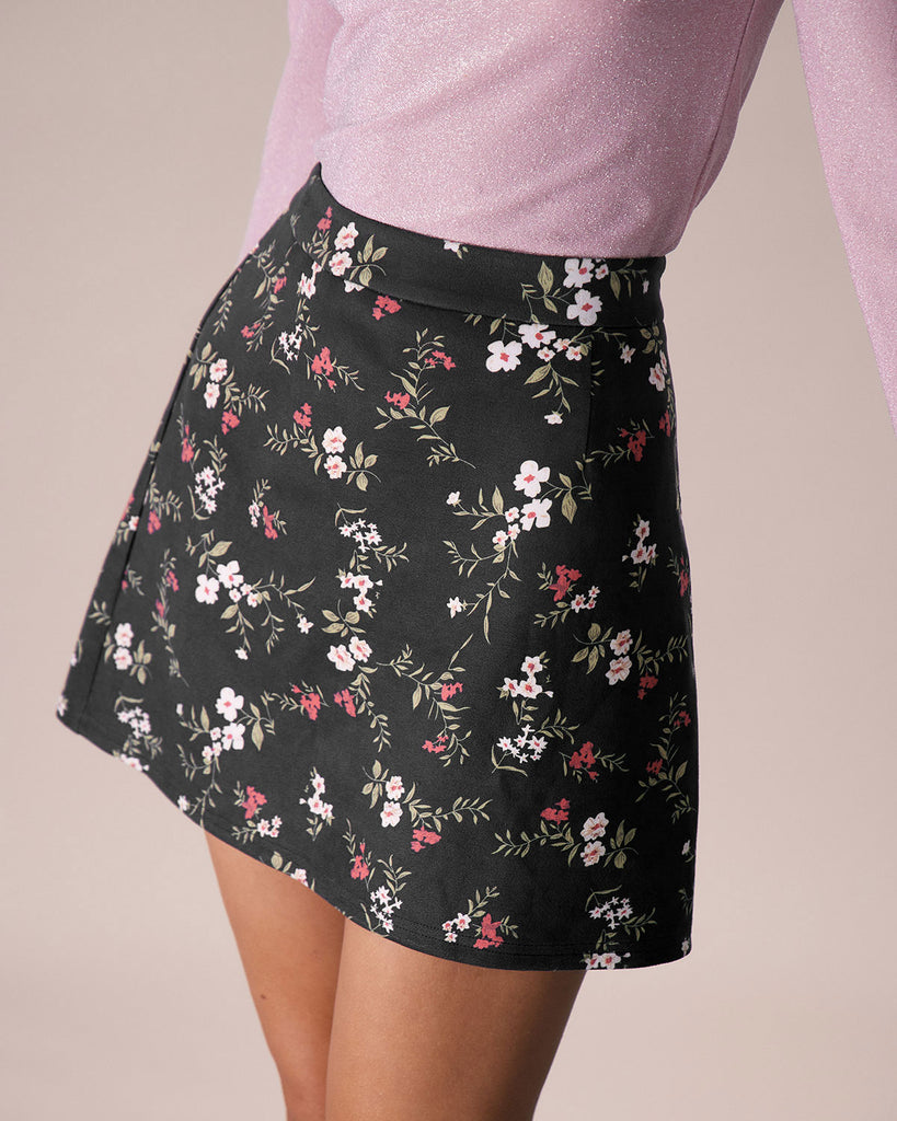 The Black High Waisted Floral Mini Skirt Bottoms - RIHOAS