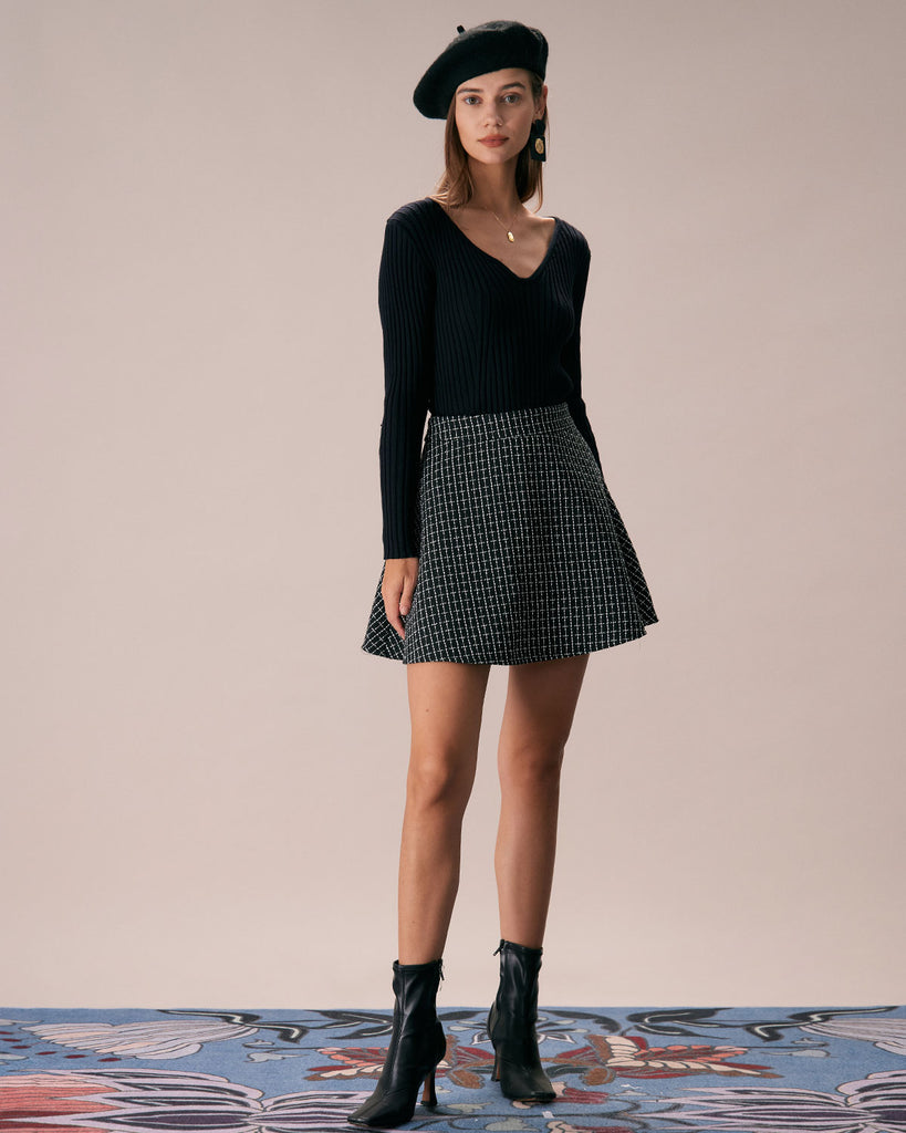 The Black High Waisted Tweed Mini Skirt Bottoms - RIHOAS