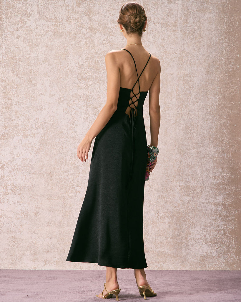 The Black Lace Criss Cross Back Maxi Dress Dresses - RIHOAS
