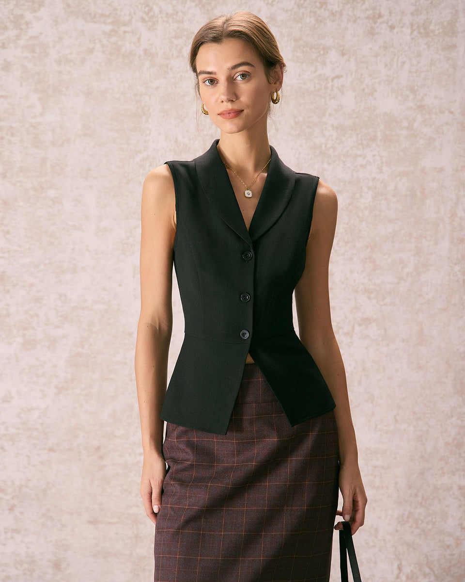 The Black Lapel Sleeveless Button Up Vest & Reviews - Black - Tops | RIHOAS