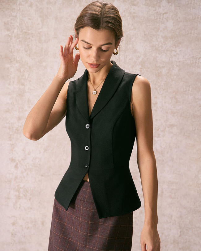 The Black Lapel Sleeveless Button Up Vest & Reviews - Black - Tops | RIHOAS