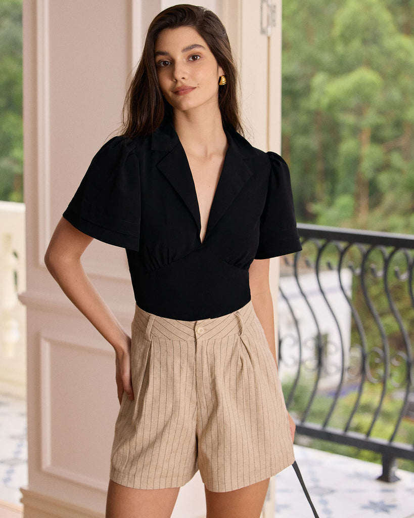 The Black Lapel Ruched Blouse Tops - RIHOAS