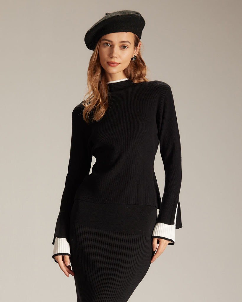 The Black Mock Neck Colorblock Knit Top Black Tops - RIHOAS