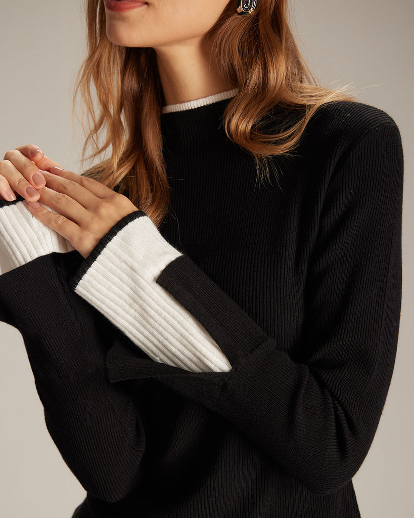 The Black Mock Neck Colorblock Knit Top Tops - RIHOAS