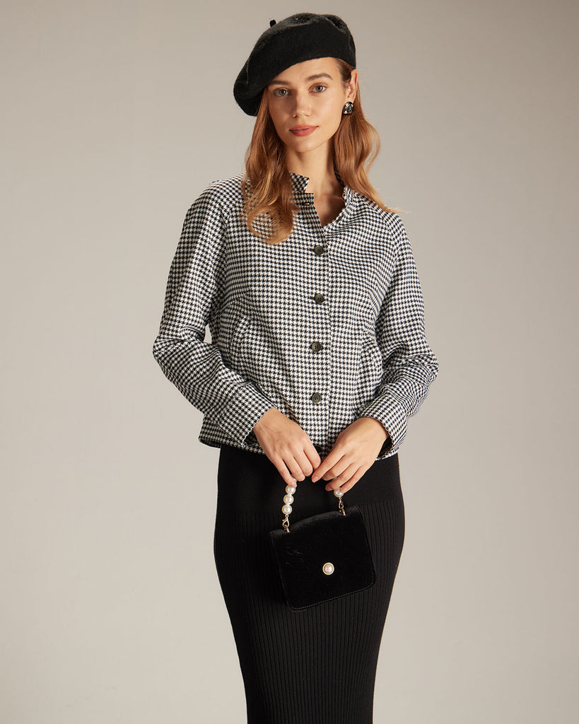 The Black Mock Neck Houndstooth Jacket Black Outerwear - RIHOAS