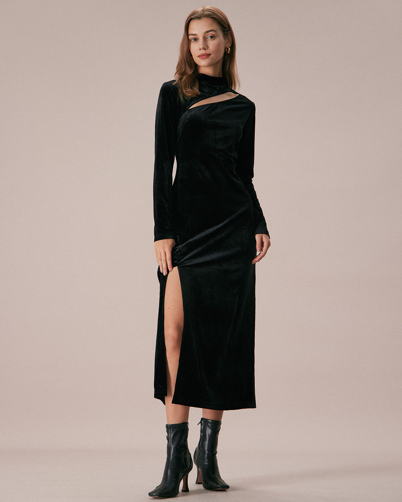 The Black Mock Neck Velvet Dress Black Dresses - RIHOAS