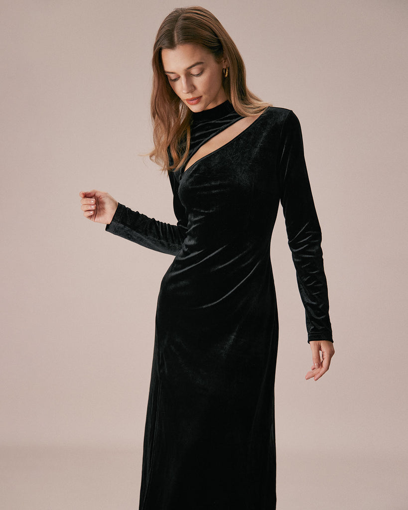 The Black Mock Neck Velvet Dress Dresses - RIHOAS