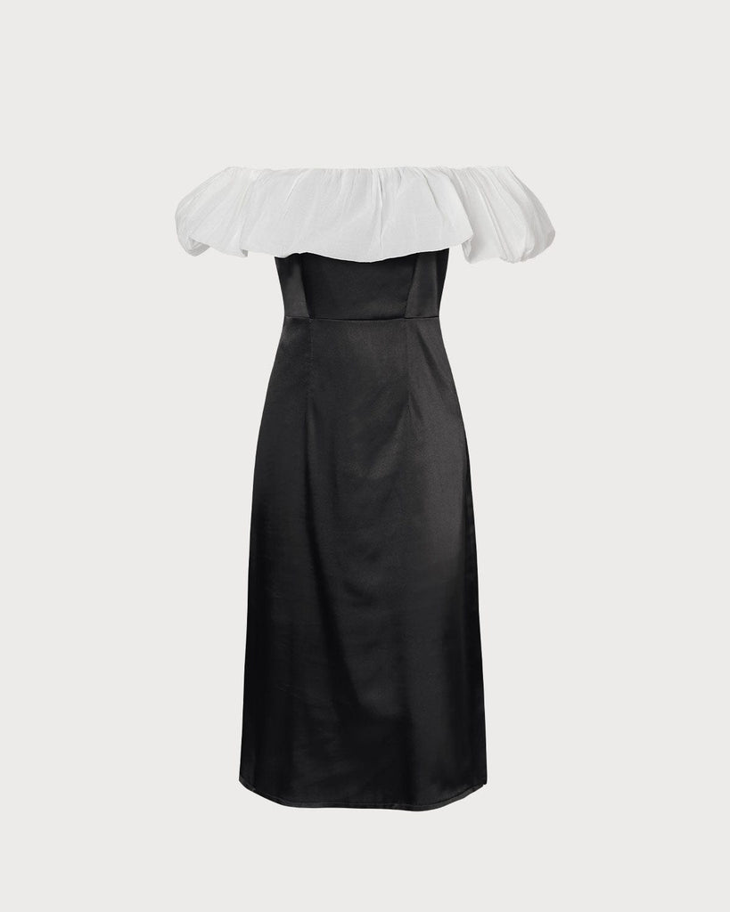 The Black Off Shoulder Spliced Mesh Midi Dress Black Dresses - RIHOAS