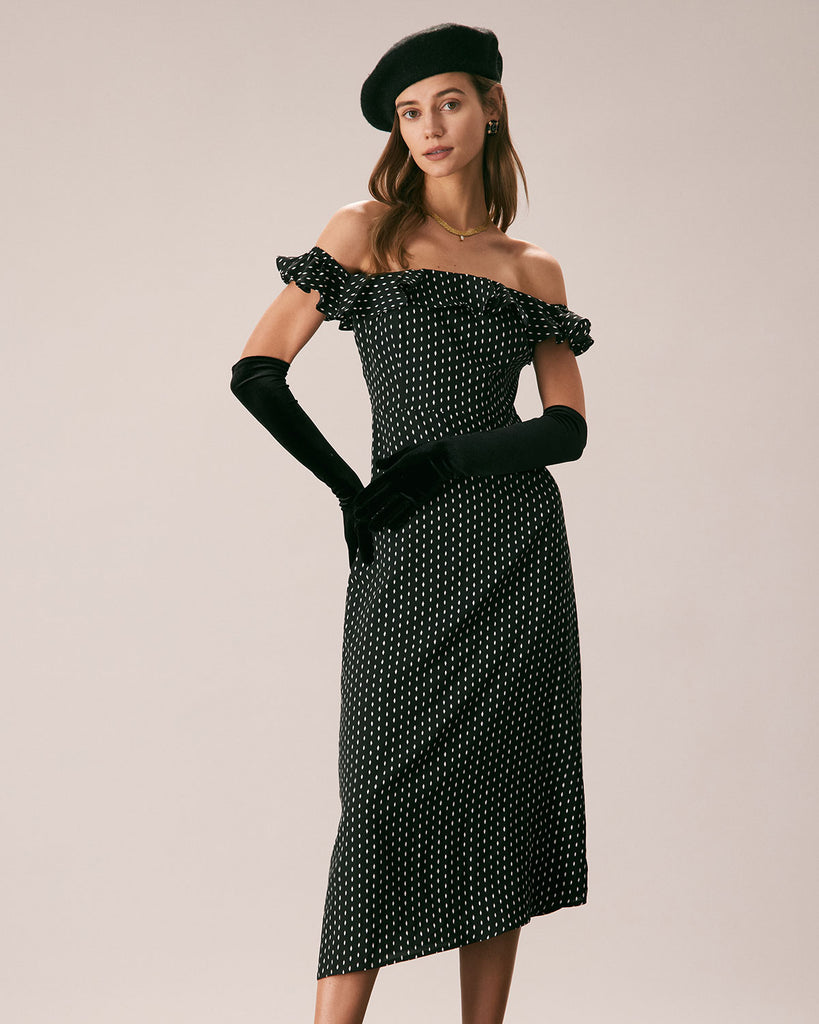 The Black Off The Shoulder Ruffle Midi Dress Black Dresses - RIHOAS