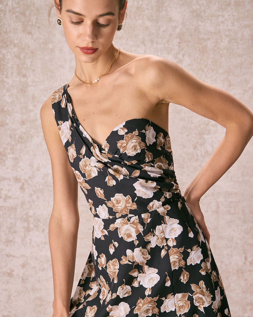 The Black One Shoulder Floral Maxi Dress Dresses - RIHOAS