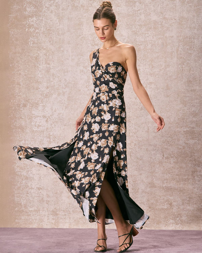 The Black One Shoulder Floral Maxi Dress Dresses - RIHOAS