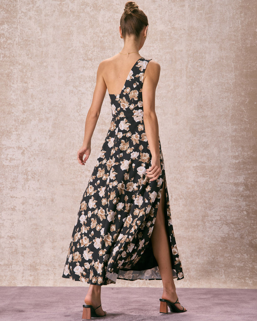 The Black One Shoulder Floral Maxi Dress Dresses - RIHOAS