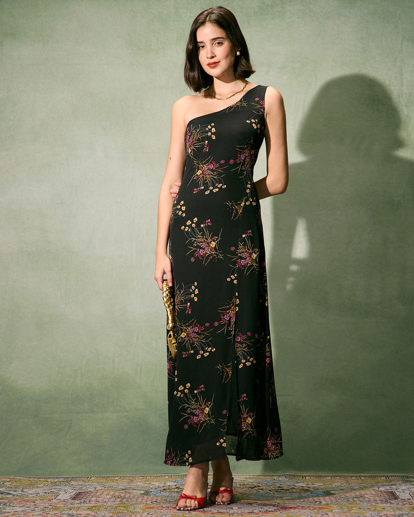 The Black One Shoulder Floral Slit Maxi Dress Dresses - RIHOAS